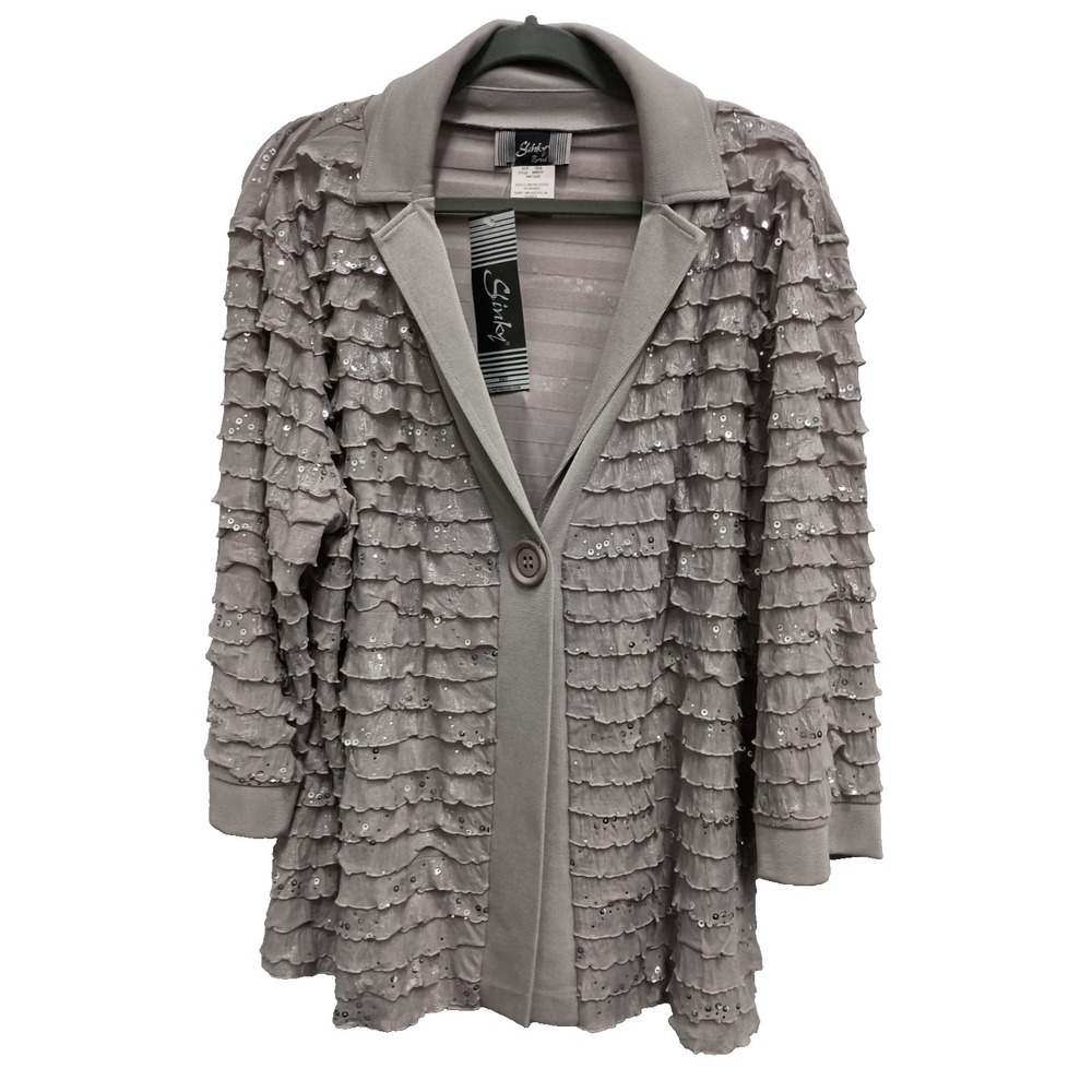 Slinky Brand Womens‎ Jacket Size 1X Gray Ruffle Sequined Holiday Glam 3/4 Sleeve